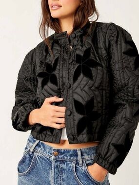 Free People Black Quilted Cropped Bomber Jacket with Velvet Appliqué